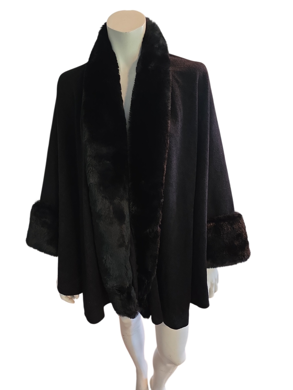Heidi Daus Black Faux Fur Trim Cape Coat